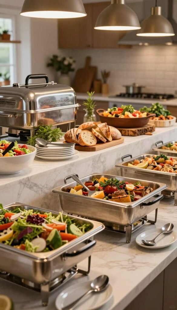 A beautifully organized buffet table, featuring a variety of elegant platters, bowls, and warm-holding systems set against a cozy kitchen backdrop. In the foreground, shining metal chafing dishes filled with vibrant, colorful dishes such as fresh salads, artisanal bread, and savory entrees. The middle layer showcases neatly arranged serving utensils and decorative elements like fresh herbs and seasonal flowers. The background includes soft, warm lighting from pendant lights casting a welcoming glow. Everything emits a Pinterest-inspired aesthetic, with warm colors and an authentic, inviting atmosphere. The brand name "Ordnungskiste" subtly integrated into the table decoration, ensuring a professional and stylish appearance.