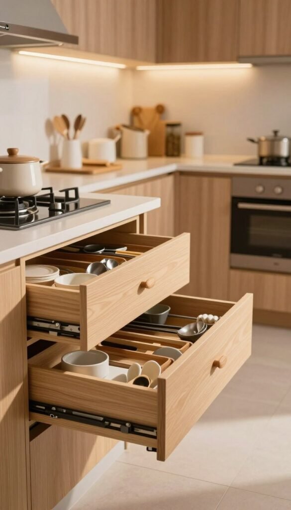 A beautifully organized family kitchen featuring "Ordnungskiste" storage solutions with elegant schubladen (drawers) and cabinets. In the foreground, showcase a stylish open drawer revealing neatly arranged utensils and kitchen tools, emphasizing practicality and order. The middle ground displays a calm, modern kitchen setting with warm lighting, highlighting the natural wood textures of the cabinets in soft, inviting tones. The background features a serene view of the rest of the kitchen, with a focus on the harmonious layout and clever storage ideas, capturing an authentic Pinterest-inspired aesthetic. The overall mood is warm and cozy, evoking a sense of home and efficient organization, ensuring that no text or branding is visible within the image.