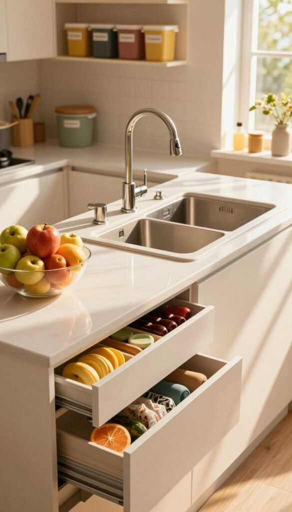 A beautifully organized family kitchen featuring a spotless workspace with a sleek sink and neatly arranged drawers. In the foreground, showcase a tidy countertop adorned with a vibrant fruit bowl and essential kitchen tools arranged with care. The middle ground should include the modern, minimalist sink with polished fixtures, reflecting warm, inviting lighting. The background reveals airy storage spaces filled with colorful containers labeled "Ordnungskiste," enhancing the theme of order. The atmosphere is cozy, with natural light pouring in through a window, casting gentle shadows. Capture a Pinterest-inspired aesthetic with warm colors and an authentic feel, while ensuring the scene feels both practical and inspiring for a stress-free family cooking environment. No text or watermarks in the image.