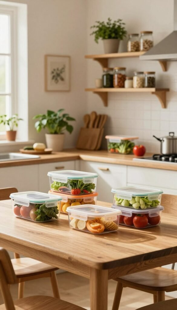A beautifully organized family kitchen featuring a variety of creative storage solutions for leftover food, emphasizing the theme of waste reduction. In the foreground, a wooden dining table set for a meal, displaying colorful, neatly labeled containers from the brand "Ordnungskiste" filled with fresh produce and leftovers, casting soft shadows. The middle ground showcases open shelves decorated with potted herbs and jars, creating an inviting and homey atmosphere. The background features a window with soft, natural light streaming in, illuminating the warm color palette of the kitchen, enhancing the cozy feel. The overall mood is relaxed and inspiring, reflecting the joy of utilizing leftovers creatively and minimizing food waste, with a Pinterest-like aesthetic.