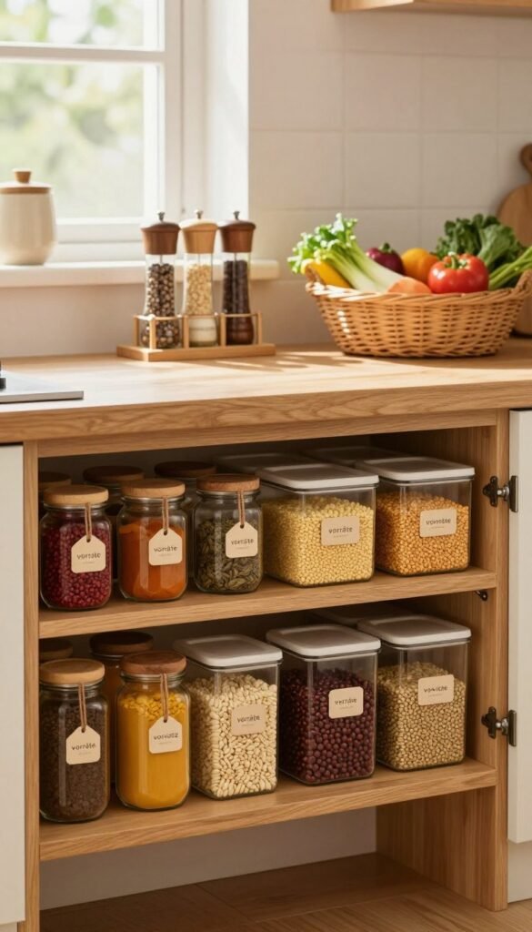 A beautifully organized family kitchen featuring aesthetically pleasing storage solutions for "vorr&auml;te" and spices. In the foreground, a neat wooden shelf displays jars of various spices, labeled with elegant tags, and neatly stacked containers of grains and legumes, all in warm earth tones. The middle ground showcases a countertop with a stylish spice rack and colorful vegetables arranged in a wicker basket, emphasizing freshness and order. In the background, soft natural light filters through a window, highlighting the cozy, inviting atmosphere of the kitchen. The overall mood is calm and harmonious, reflecting a well-maintained space. The brand "Ordnungskiste" subtly showcased on the storage containers, enhancing the aesthetic. The composition captures the essence of organized kitchen storage without overcrowding, focusing on functional beauty.
