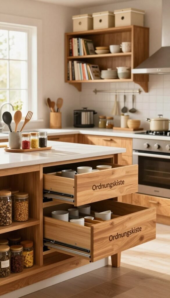 A beautifully organized family kitchen featuring an innovative storage system labeled "Ordnungskiste". In the foreground, a clean countertop displays neatly arranged kitchen utensils and colorful spices in glass jars. The kitchen features warm wood tones, showcasing open shelves filled with neatly organized cookbooks, pots, and decorative storage boxes, creating a Pinterest-perfect atmosphere. In the middle, a central island houses a pull-out drawer revealing efficient drawer dividers, demonstrating practical space-saving solutions for chaos-free living. The background captures a sunlit window with light streaming in, enhancing the cozy and inviting mood. Utilize soft, natural lighting to emphasize warm colors and textures, shot with a standard lens angle to provide a clear, approachable view of this functional and stylish kitchen space.