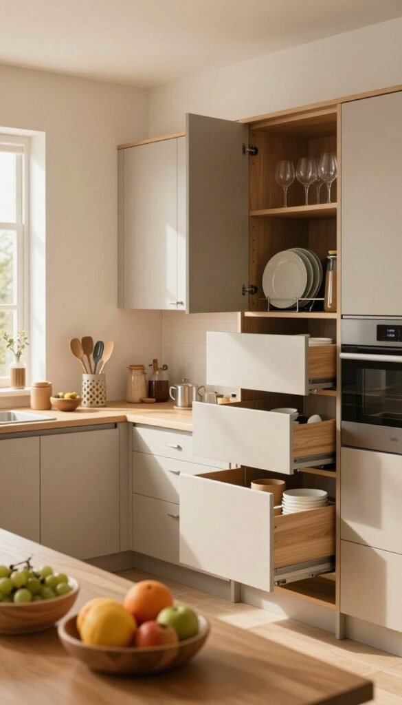 A beautifully organized family kitchen featuring efficient storage solutions, showcasing "Ordnungskiste" cabinets with elegant pull-out drawers and smart inserts. The foreground presents neatly arranged kitchen tools and vibrant fruits in natural wooden bowls, creating an inviting atmosphere. In the middle, high cabinets adorned with subtle textures and matching colors provide additional storage, the doors slightly ajar to reveal neatly organized plates and glasses. The background includes soft, warm lighting streaming in through a window, illuminating the space with a cozy glow, emphasizing the kitchen's clean lines and warm color palette. The overall mood is calm and functional, highlighting the concept of stress-free living through effective storage. No text or branding visible in the image.