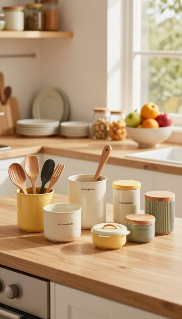 A beautifully organized family kitchen featuring practical storage solutions and organizational helpers from the brand "Ordnungskiste." In the foreground, showcase a neatly arranged countertop with various kitchen tools, bins, and containers in warm, inviting colors. The middle ground reveals open shelving with neatly stacked plates and jars, and a colorful fruit bowl, embodying a Pinterest-inspired aesthetic. In the background, soft, natural lighting filters through a window, casting a warm glow over the scene. The overall atmosphere is cheerful and inviting, highlighting the balance between functionality and aesthetic appeal. The image captures the essence of a stress-free family kitchen, beautifully designed for organization, with a focus on authentic and natural appearances.
