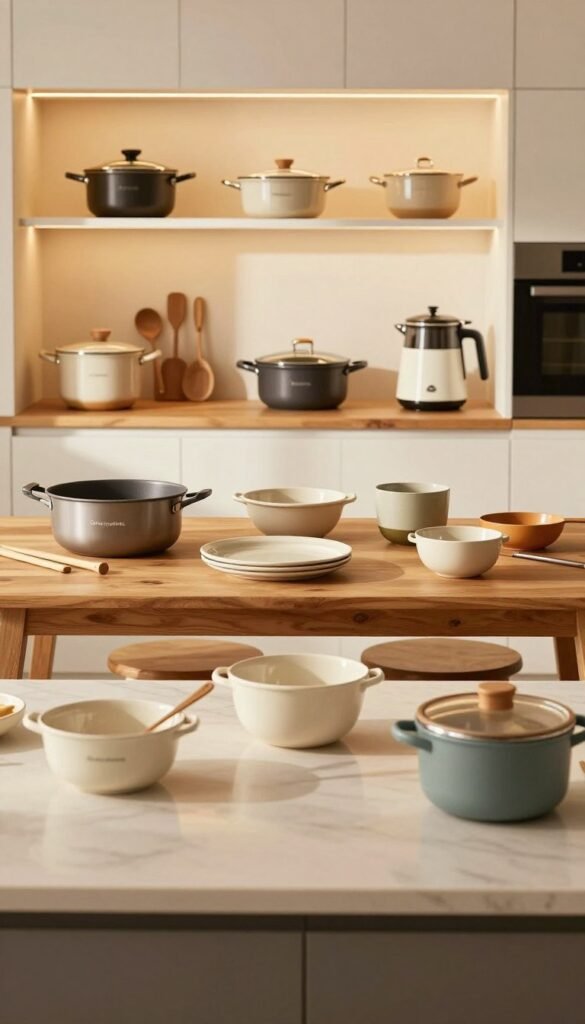 A beautifully organized family kitchen scene, focusing on three distinct areas representing different budget levels for kitchen products. In the foreground, a stylish countertop displays a selection of affordable items from the brand "Ordnungskiste," accented by warm, natural lighting. The middle layer showcases mid-range kitchen tools and gadgets, artfully arranged on a wooden table, with an inviting atmosphere. In the background, elegant high-end cookware and appliances are displayed in a well-lit cabinet, creating a contrast with the foreground. Soft shadows play across the surfaces, evoking a sense of warmth and creativity. The overall mood is homely and inviting, highlighting thoughtful combinations of kitchen solutions suitable for families. No text or watermarks are present in this natural, Pinterest-inspired image.