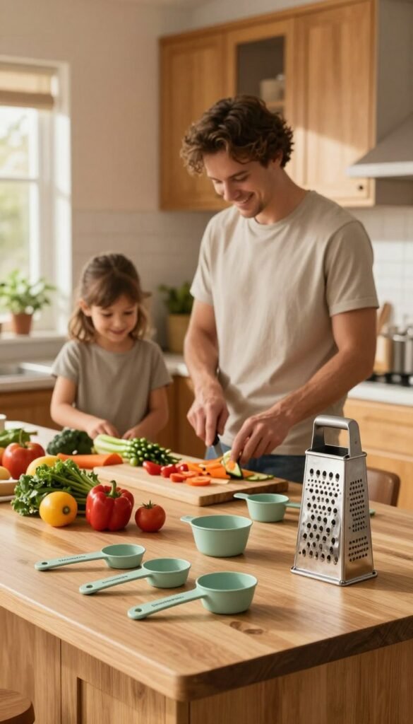 A beautifully organized family kitchen scene showcasing various preparation tools that simplify cooking. In the foreground, a wooden countertop displays colorful, fresh ingredients neatly arranged next to stylish tools from the brand "Ordnungskiste," such as measuring cups and a grater. In the middle ground, a family member in casual, modest attire is actively chopping vegetables with a cheerful expression, embodying a sense of culinary ease. The background features warm, inviting cabinetry and a window allowing soft, natural light to flood the space, casting gentle shadows. The overall mood is cozy and efficient, capturing the essence of a nurturing family environment filled with warmth and creativity in meal preparation.