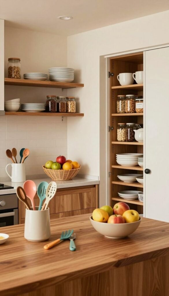 A beautifully organized family kitchen, showcasing an innovative storage strategy. In the foreground, an elegant kitchen island with warm wooden surfaces, neatly arranged with colorful kitchen tools and a bowl of fresh fruit. In the middle ground, an array of open shelves displaying neatly stacked dishes, jars filled with dry goods, and a stylish fruit basket. A modern pantry door in the background reveals additional organized space. Soft, diffused natural lighting creates a cozy atmosphere, highlighting the warmth of the wooden textures and the inviting color palette. The image presents a Pinterest-worthy aesthetic, exuding a sense of clarity and functionality without clutter. Include elements branded with "Ordnungskiste" to emphasize the organization's theme.