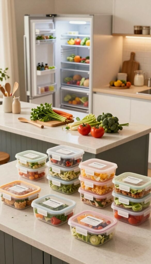 A beautifully organized family kitchen showcasing "gefrierl&ouml;sungen meal-prep" techniques. In the foreground, a neatly arranged countertop displays colorful, sealed containers filled with prepared meals ready for freezing, labeled for easy identification. In the middle, a spacious kitchen island is adorned with fresh vegetables, herbs, and handy kitchen tools. The background features a modern refrigerator with clear, well-organized storage bins. Soft, warm lighting highlights the vibrant colors, creating an inviting atmosphere. The scene evokes a Pinterest-like aesthetic, emphasizing authenticity and practicality. Include a subtle touch of branding with "Ordnungskiste" incorporated into the kitchen decor. Capture the essence of effortless meal planning and storage in a cozy home environment, shot from a slightly elevated angle to encompass the entire kitchen layout.