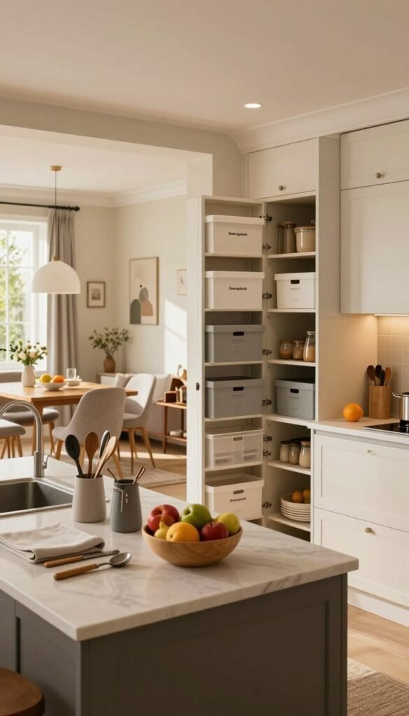 A beautifully organized family kitchen showcasing practical buying criteria for kitchen solutions. In the foreground, display a stylish island countertop adorned with neatly arranged kitchen tools and a bowl of fresh fruits. In the middle, include elegant cabinets and a well-organized pantry, emphasizing the brand "Ordnungskiste" with sleek storage boxes. The background reveals a cozy dining area bathed in warm, natural light, with soft textures and inviting decor elements. Use a wide-angle lens to capture the spaciousness and function of the kitchen. Illuminate the scene with soft, ambient lighting to create a peaceful, inviting atmosphere, ideal for family gatherings. Aim for a Pinterest-worthy aesthetic that conveys harmony and efficiency in kitchen design.