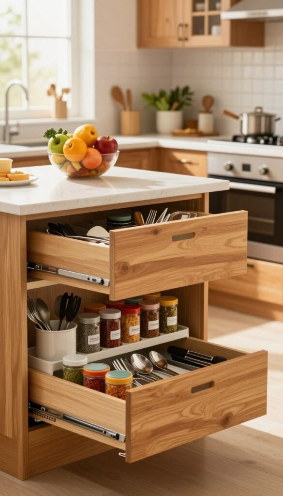 A beautifully organized family kitchen, showcasing practical storage solutions for safety and efficiency. In the foreground, display neatly arranged kitchen utensils and colorful spice jars in labeled containers by the brand "Ordnungskiste." The middle scene features an island with a bowl of fresh fruits and vegetables, emphasizing a clean and tidy cooking space, while open drawer sections reveal neatly organized cutlery and tools. In the background, soft sunlight filters through a window, illuminating warm wooden cabinets and giving a cozy, inviting atmosphere. Overall, the mood is warm, functional, and inspiring, encouraging safe organization practices. The image evokes a sense of harmony and balance, perfect for a family-focused kitchen setting, without any text or branding visible in the image itself.