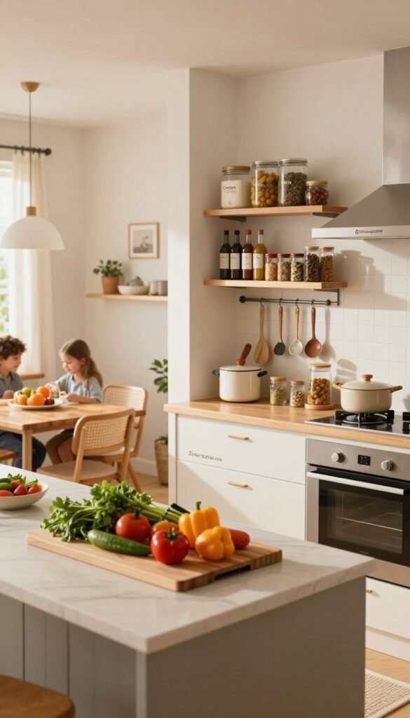 A beautifully organized family kitchen showcasing the concept of "Zonen kochen min," featuring distinct cooking zones arranged efficiently. In the foreground, a modern kitchen island with a cutting board and vibrant ingredients like fresh vegetables and herbs, all bathed in warm, natural light. The middle ground highlights well-organized shelves labeled with cooking essentials and spices, emphasizing easy access and a Pinterest-worthy aesthetic. The background includes a stylish dining area, harmoniously blending practicality with comfort. The overall atmosphere is warm and inviting, designed for family gatherings. Include subtle branding with a stylish "Ordnungskiste" logo on one of the kitchen accessories. Capture the scene with a soft focus, using a wide-angle lens to draw attention to the efficiency and warmth of the space.