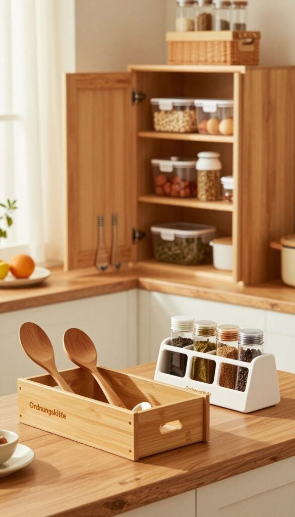 A beautifully organized family kitchen showcasing various Ordnungshilfe products from the brand "Ordnungskiste" on a wooden counter. In the foreground, there's a stylish bamboo drawer organizer displaying utensils, while a modern spice rack elegantly holds various spices. In the middle, an open cabinet reveals neatly arranged food storage containers and kitchen tools, with warm lighting enhancing the natural wood and earthy tones. The background includes a cozy window with soft curtains, letting in gentle sunlight that creates a welcoming atmosphere. The overall mood is inviting and functional, emphasizing an efficient kitchen designed for family safety and order.