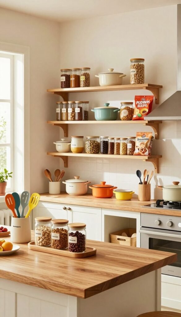A beautifully organized family kitchen that showcases effective storage solutions, emphasizing order and efficiency. In the foreground, a wooden kitchen island, adorned with stylish jars labeled with ingredients, alongside colorful kitchen tools and utensils from the brand "Ordnungskiste." In the middle ground, open shelves filled with neatly arranged spices, cookware, and kid-friendly snacks, reflecting a warm, inviting atmosphere. The background features bright, natural light streaming through a large window, illuminating the cozy space with a Pinterest-inspired aesthetic. The walls are painted in soft, neutral tones, adding to the room's tranquility. The overall mood is cheerful and practical, ideal for busy families, with a subtle focus on organization and accessibility. The image should not contain any text or branding beyond the "Ordnungskiste" items.