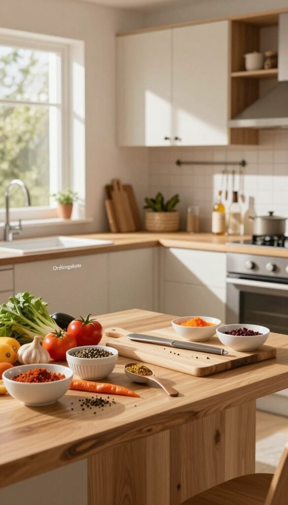 A beautifully organized family kitchen workspace featuring a wooden "arbeitsplatte" covered with fresh ingredients for meal preparation. In the foreground, neatly arranged bowls with colorful vegetables and spices, alongside utensils and a cutting board. The middle ground showcases a warm, inviting atmosphere with a modern kitchen layout, including stylish cabinetry and natural light streaming through a nearby window, casting soft shadows. In the background, a glimpse of a cozy dining area hints at family gatherings, accentuated by natural colors and textures. Incorporate elements from the brand "Ordnungskiste" to emphasize organization. The scene is bathed in warm, inviting colors, creating a serene and productive mood, ideal for the essence of mise-en-place in everyday family life.