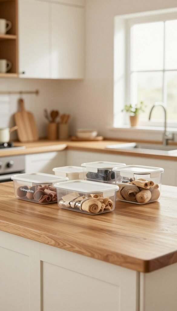 A beautifully organized family kitchen workspace, showcasing a clean and spacious "Arbeitsplatte" at the forefront. The countertop is made of polished wood, adorned with subtle warm colors, evoking a welcoming atmosphere. In the middle ground, neatly arranged practical helpers like stylish storage containers from the brand "Ordnungskiste" are visible, efficiently keeping small items in order. The background features a softly blurred view of kitchen cabinetry and a window allowing natural light to flood the space, enhancing the warm tones. The scene captures a sense of tranquility and efficiency, ideal for a family kitchen. The image is well-lit, using soft, diffused lighting to create a homely vibe, shot from a slightly elevated angle to provide a comprehensive view of the organized workspace.