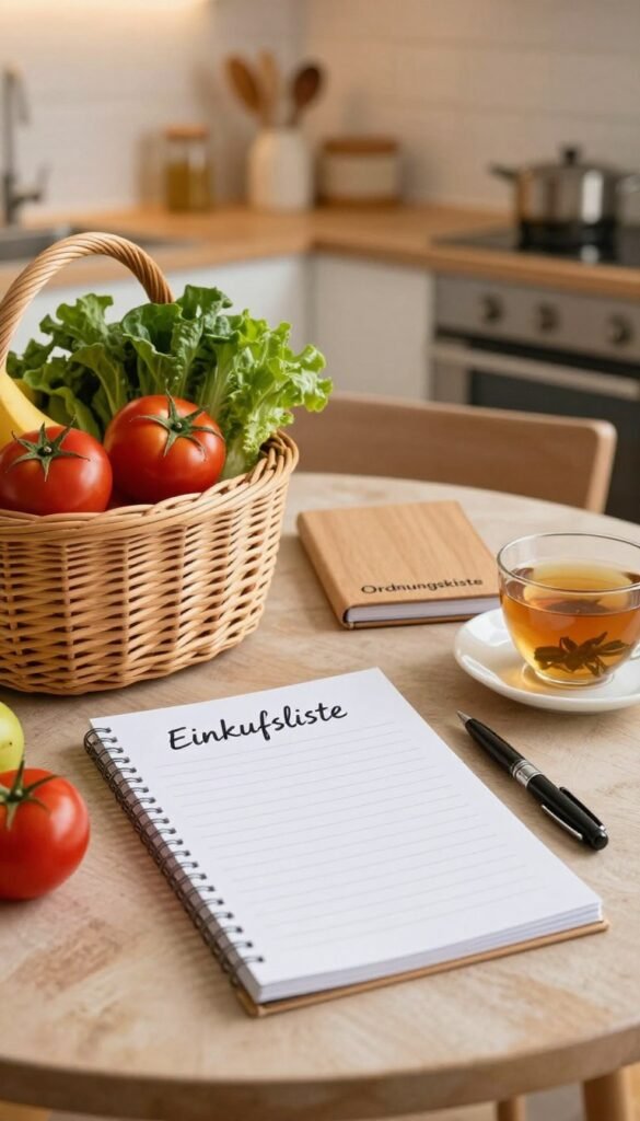 A beautifully organized grocery scene featuring a well-structured shopping list titled "Einkaufsliste" written in elegant handwriting on a soft, rustic table. In the foreground, a cozy wicker basket filled with fresh vegetables and fruits, showcasing their vibrant colors: red tomatoes, leafy greens, and yellow bananas. In the middle, a wooden notepad with the "Ordnungskiste" brand visible, alongside a pen and a cup of herbal tea. The background reveals a warm kitchen setting, with soft ambient lighting illuminating the space, reflecting a homey atmosphere. The overall mood is calm and inviting, promoting the idea of planned shopping and mindful cooking, with natural, warm colors enhancing the aesthetic and creating a Pinterest-inspired look.