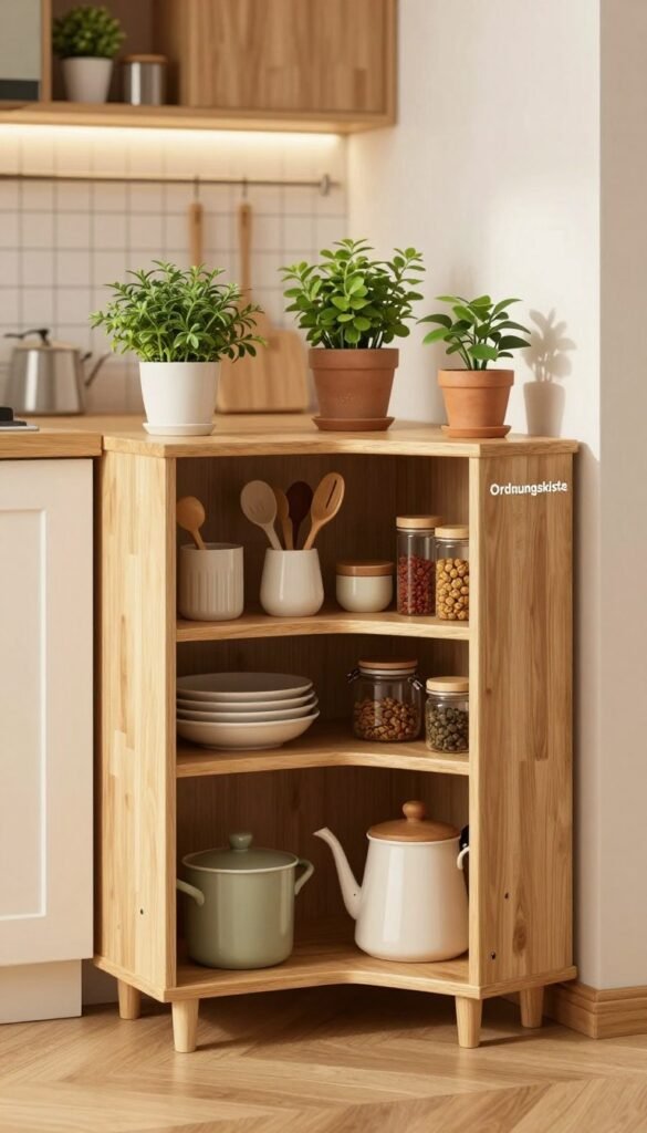 A beautifully organized kitchen corner featuring a stylish and functional corner storage solution, designed by "Ordnungskiste". The foreground showcases a sleek, minimalist wooden shelving unit filled with neatly arranged cooking utensils, spices, and small kitchen gadgets that maximize corner space efficiency. In the middle, a cozy kitchen scene unfolds with warm, natural lighting illuminating the area, creating a welcoming atmosphere. Potted herbs add a touch of greenery to the space, enhancing the homely feel. The background features a softly blurred view of an open kitchen space, with warm colors and a Pinterest-inspired aesthetic. The image exudes a sense of order and creativity, perfect for illustrating innovative storage solutions in a charming, realistic kitchen environment.