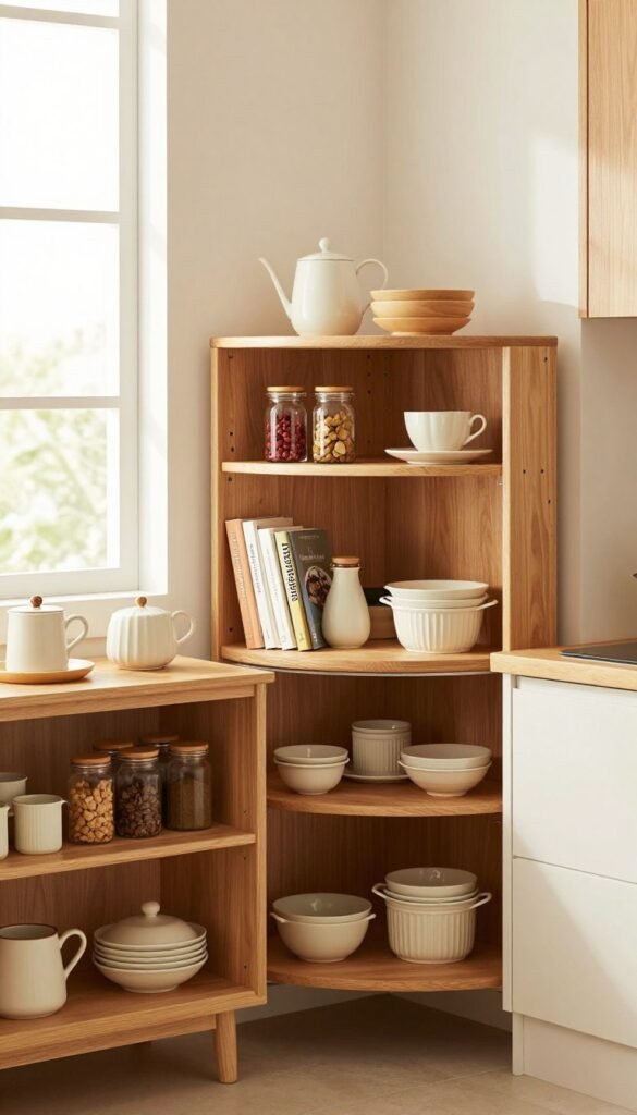 A beautifully organized kitchen corner showcasing innovative storage solutions for dead corners, featuring a stylish "Ordnungskiste" corner cabinet. In the foreground, display elegant wooden shelves filled with neatly arranged kitchen essentials like spices, cookbooks, and decorative items, emphasizing the warm colors of natural wood and soft pastels. The middle of the image depicts the corner cabinet with pull-out shelves and rotating racks, illustrating its efficient design. In the background, a bright window allows soft, natural light to flood the space, enhancing the inviting atmosphere. The overall mood is serene and practical, highlighting the smart use of space in a modern kitchen setting. Aim for a Pinterest-worthy aesthetic with a focus on authenticity and a warm, welcoming ambiance, ensuring no text or logos are present in the image.
