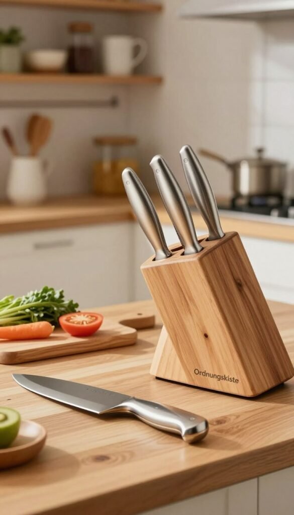 A beautifully organized kitchen counter featuring a stylish knife set branded "Ordnungskiste". The knife set includes various kitchen knives neatly displayed in a modern wooden block, showcasing their sleek stainless steel blades and comfortable ergonomic handles. In the foreground, highlight the well-crafted knives with soft, warm lighting that brings out their shine and details. In the middle, include elements such as a wooden cutting board and fresh vegetables, emphasizing the practicality of efficient cutting. The background features softly blurred shelves with kitchen utensils and cookbooks, creating a warm, inviting atmosphere. Capture the scene from a slightly elevated angle to enhance depth, evoking a cozy, functional kitchen space perfect for small kitchens.