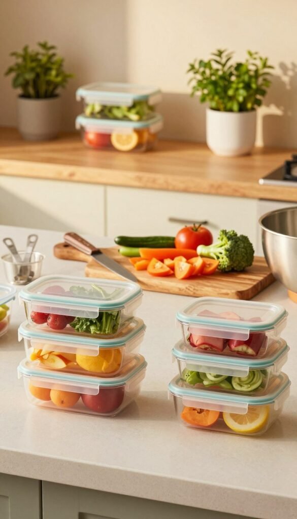 A beautifully organized kitchen countertop featuring a variety of colorful meal prep containers from the brand "Ordnungskiste." In the foreground, a neatly stacked set of airtight containers with vibrant fruits and vegetables neatly arranged inside, showcasing fresh ingredients for the week. In the middle ground, a rustic wooden cutting board displaying neatly chopped produce, surrounded by essential cooking tools like a knife, measuring cups, and a mixing bowl. The background reveals softly blurred shelves adorned with more containers and herbs in pots, creating a warm and inviting atmosphere. The lighting is soft and natural, reminiscent of golden hour, casting gentle shadows and enhancing the colors of the ingredients. This scene embodies a Pinterest-inspired aesthetic, reflecting practicality and style without any text or distractions.