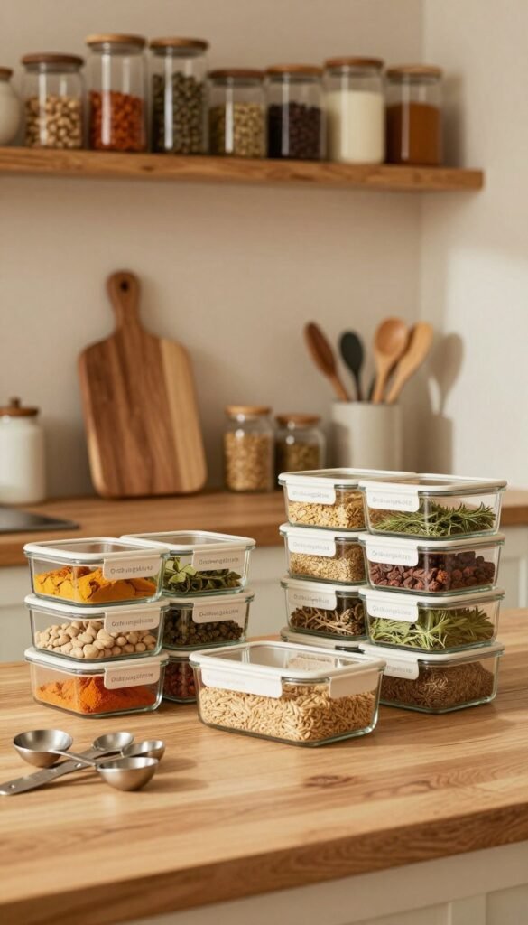 A beautifully organized kitchen countertop featuring a variety of glass storage containers filled with colorful spices, grains, and herbs. In the foreground, there are neatly labeled jars made by the brand "Ordnungskiste," showcasing their airtight, functional design. The middle ground reveals a stylish wooden cutting board and a set of sophisticated measuring spoons. The background presents a softly lit kitchen with warm, earthy colors, including rustic wooden shelves filled with neatly arranged jars and cooking utensils, creating a serene and inviting atmosphere. The lighting is warm and natural, enhancing the cozy feel while emphasizing the textures of the glass and wood. The overall mood is one of calmness, organization, and functionality, perfect for a stress-free kitchen environment.