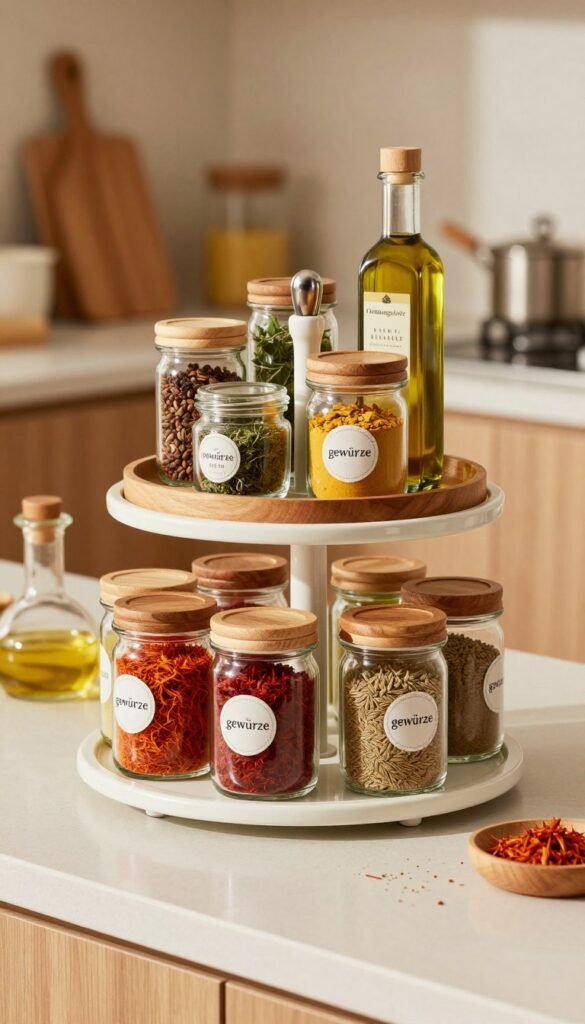 A beautifully organized kitchen countertop featuring an elegant display of "gew&uuml;rze" (spices) in various glass containers, arranged on a stylish revolving spice rack. The foreground showcases the colorful spices like saffron, paprika, and cumin in vibrant jars, with a sleek glass oil dispenser beside them. The middle layer includes a round wooden tray holding smaller kitchen essentials, jars of herbs, and olive oil, all against a backdrop of warm, inviting kitchen decor. Soft, natural lighting highlights the warm colors, creating a cozy atmosphere. The angle is slightly elevated to capture the entire setup, giving a Pinterest-worthy aesthetic. Feature the brand name "Ordnungskiste" subtly incorporated into the scene, ensuring an authentic and professional look without any text overlays.