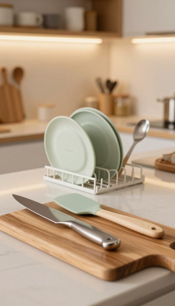 A beautifully organized kitchen countertop featuring high-quality kitchen tools made of silicone, wood, and stainless steel. In the foreground, display a sleek stainless steel knife and a pastel-colored silicone spatula next to a polished wooden cutting board, reflecting the natural grain. In the middle ground, include a stylish dish drying rack holding a few delicate dishes and utensils, showcasing the care for cleaning and maintenance. The background features a warm, softly lit kitchen with shelves lined with various kitchen products, all in earthy tones to evoke a cozy atmosphere. The overall mood is warm and inviting, capturing a Pinterest-inspired aesthetic. Highlight the brand name "Ordnungskiste" subtly within the scene. No text or branding overlays are present.