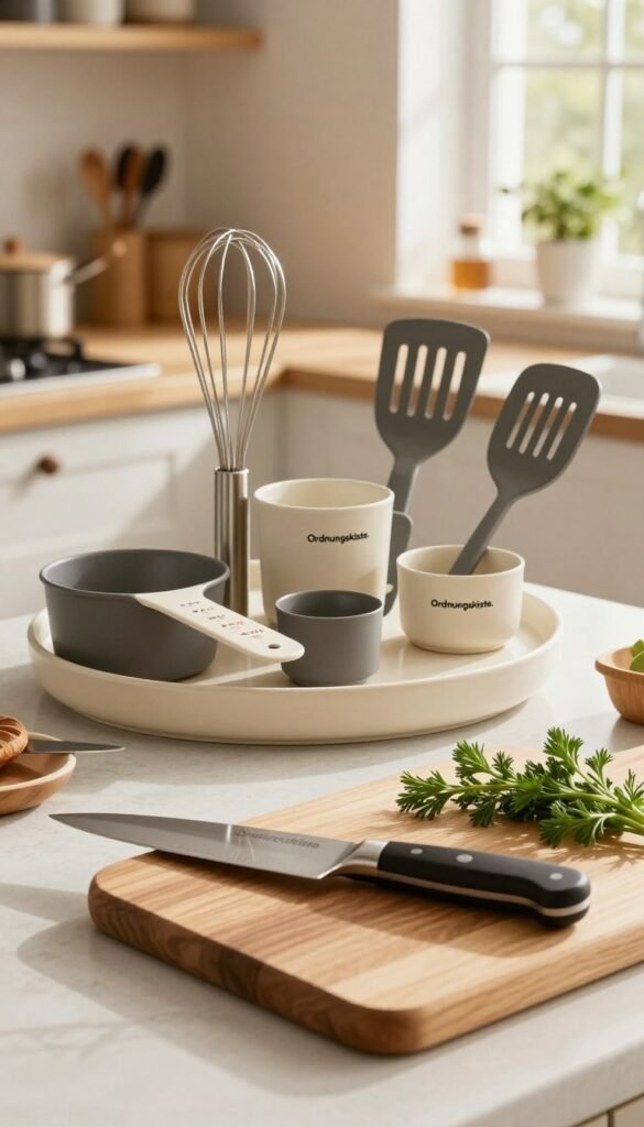 A beautifully organized kitchen countertop featuring high-quality kitchen utensils from the brand "Ordnungskiste." In the foreground, showcase a sleek wooden cutting board with a sharp chef's knife and fresh herbs, exuding a sense of culinary creativity. The middle layer includes an array of premium kitchen tools: a stylish whisk, measuring cups, and a durable spatula, all arranged artfully. The background captures a softly lit kitchen with warm, natural light streaming in from a window, highlighting the inviting atmosphere. Warm colors and a Pinterest-inspired aesthetic create a cozy and welcoming mood. Focus on authenticity without any text, ensuring the image aligns with the theme of quality and functionality in culinary tools.