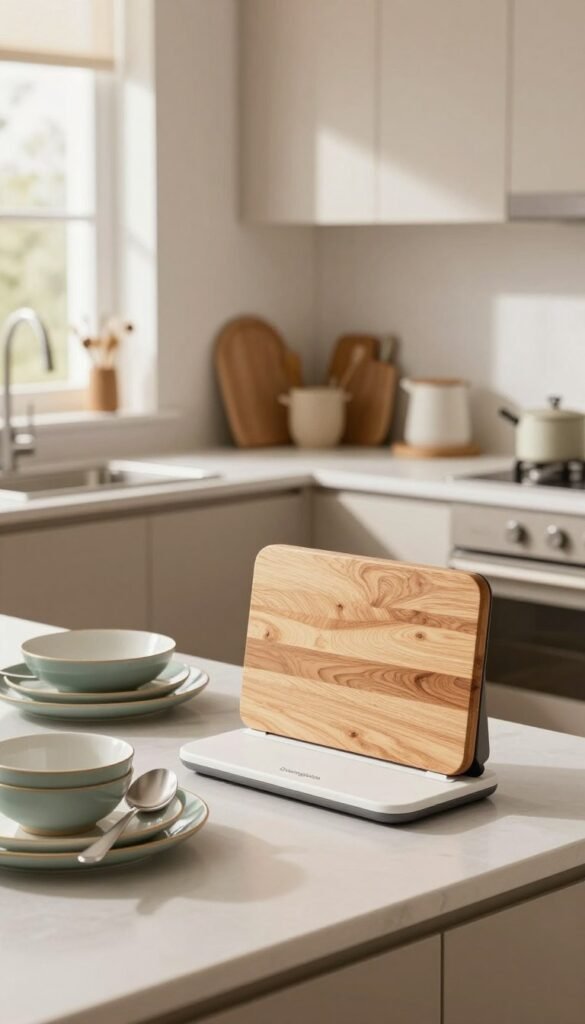 A beautifully organized kitchen countertop featuring practical kitchen tools from the brand "Ordnungskiste," designed for easy cleaning and dishwasher safety. In the foreground, there are stylish dishware, utensils, and a sleek cutting board with a shiny finish, showcasing a harmonious blend of functionality and aesthetics. The middle ground displays a spacious, tidy kitchen with modern cabinetry and a gentle color palette of warm tones, emphasizing an inviting atmosphere. In the background, soft natural light streams in through a window, highlighting the cleanliness and orderliness of the space. The overall mood should be cozy and inspirational, capturing the essence of a well-maintained kitchen that encourages organization while being effortlessly clean.