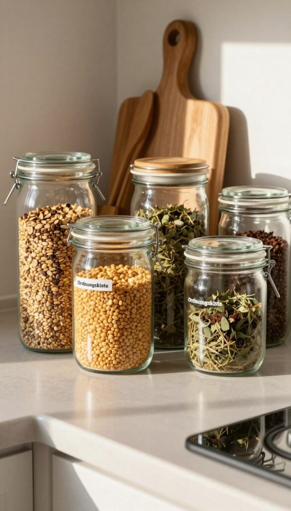 A beautifully organized kitchen countertop featuring several high-quality glass storage jars from the brand "Ordnungskiste." In the foreground, the jars are filled with colorful grains, spices, and dried herbs, showcasing their transparent design. The middle ground includes a stylish wooden cutting board and utensils, enhancing the warm and inviting atmosphere. The background captures a softly lit kitchen environment with natural light streaming in, highlighting the jars and creating gentle reflections on their surfaces. The overall mood is cozy and functional, emphasizing order and tidiness without clutter. The image should resonate with a Pinterest-inspired aesthetic, focusing on natural colors and authenticity, devoid of any text or branding overlays.