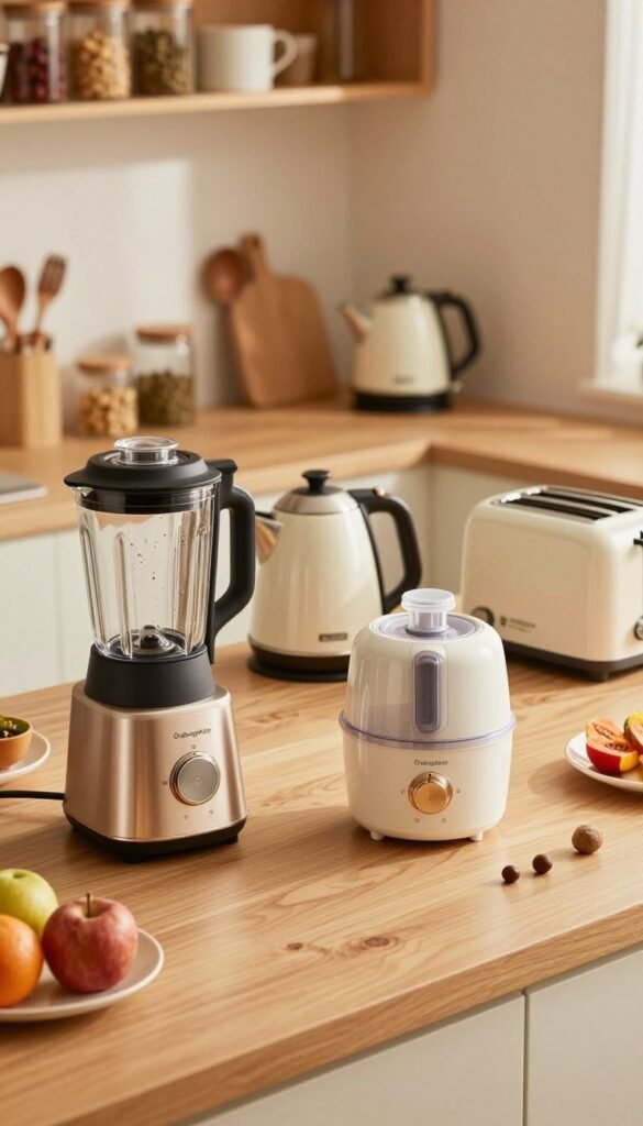 A beautifully organized kitchen countertop featuring various electric kitchen devices that save time in daily cooking. In the foreground, showcase a sleek, modern blender by "Ordnungskiste", gleaming and ready for use. Beside it, a compact food processor is elegantly displayed with fresh ingredients around it. In the middle ground, a stylish electric kettle and a toaster are harmoniously arranged, complementing the warm color palette of the scene. The background features soft-focus shelves filled with spices and utensils, adding depth without distraction. Utilize natural warm lighting to create an inviting atmosphere, with a slight overhead angle that captures the essence of a cozy, efficient kitchen. Emphasize authenticity and a Pinterest-inspired aesthetic, ensuring no text or logos appear in the image.