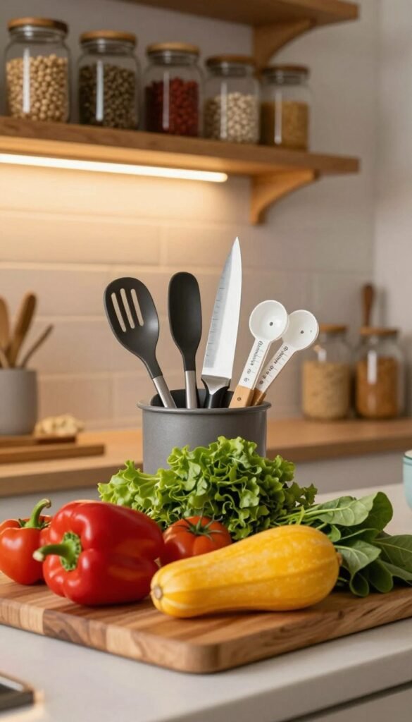 A beautifully organized kitchen countertop filled with fresh, colorful ingredients arranged according to the principles of meal prep. In the foreground, a wooden cutting board with vibrant vegetables like red bell peppers, yellow squash, and leafy greens. In the middle, a variety of utensils neatly arranged, including a chef's knife and measuring cups, suggesting a harmonious cooking process. In the background, warm, ambient kitchen lighting highlights the rustic wooden shelves, displaying jars with spices and grains. The scene evokes a calm, inviting atmosphere, reflecting the ease and simplicity of cooking without pressure. The brand name "Ordnungskiste" is subtly integrated into the kitchen decor, ensuring a cohesive design that embodies organization and tranquility.