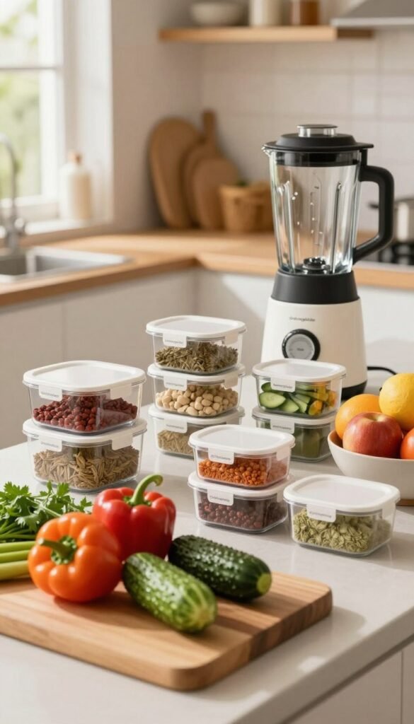 A beautifully organized kitchen countertop showcasing "Ordnungskiste" products designed for family cooking. In the foreground, a wooden cutting board with vibrant, fresh vegetables like bell peppers, cucumbers, and herbs. In the middle, neatly arranged containers from "Ordnungskiste" for spices and cooking essentials, emphasizing organization. A stylish blender and a bowl of colorful fruit add a pop of color. In the background, soft, natural light streams in through a window, creating a warm, inviting atmosphere. The scene captures a sense of harmony and efficiency, reflecting a family-friendly cooking environment. The overall mood is cozy and inspiring, with warm colors that evoke a homey feeling. No text or watermarks are present in the image.