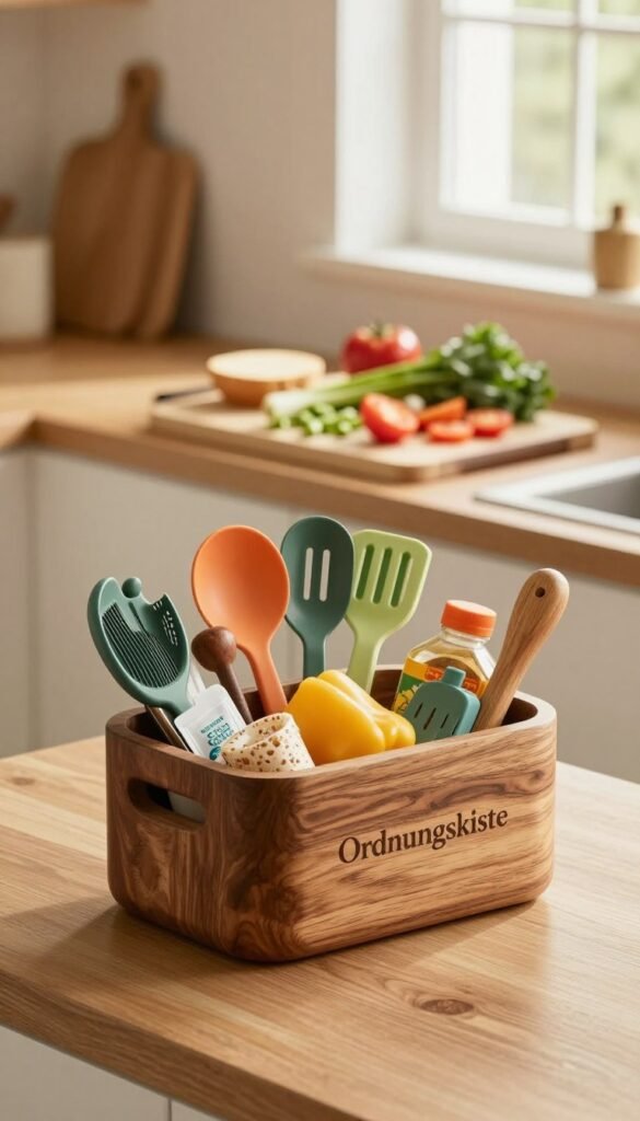 A beautifully organized kitchen countertop showcasing a "Ordnungskiste" container filled with assorted cooking tools and waste materials. In the foreground, the container is prominently displayed with a rich, wooden texture, filled with colorful kitchen gadgets, food scraps, and packaging. The middle section features a well-arranged cutting board with freshly chopped ingredients, inviting you to cook. In the background, soft natural light streams through a window, casting warm, inviting tones across the scene, adding to the cozy atmosphere. The image captures a Pinterest-inspired aesthetic, emphasizing organization and creativity in cooking, free of any text or distractions.
