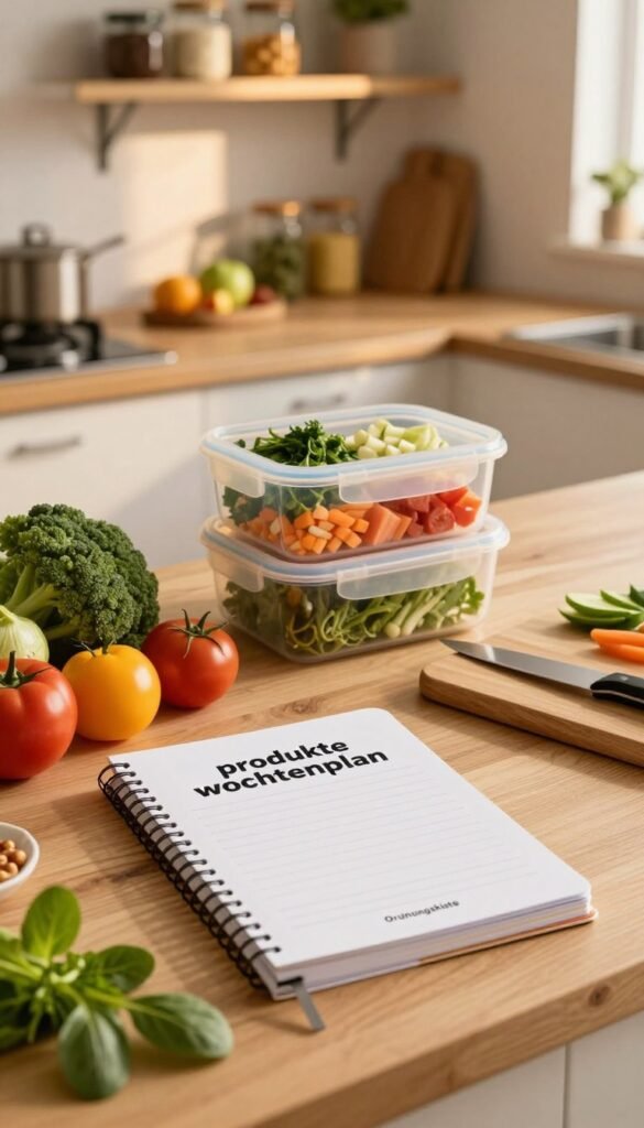 A beautifully organized kitchen countertop showcasing a "produkte wochenplan" with fresh ingredients arranged in an appealing layout. In the foreground, a stylish planner notebook with the brand name "Ordnungskiste" visible, surrounded by fresh vegetables, fruits, and herbs. In the middle ground, a well-prepped container with neatly chopped ingredients, emphasizing meal prep, along with a sleek knife and cutting board, all in natural, warm colors. The background features a softly lit kitchen, with wooden shelves stocked with jars and spices, creating a cozy atmosphere. The lighting is warm and inviting, reminiscent of golden hour, enhancing the authenticity of the scene and reflecting a Pinterest aesthetic.