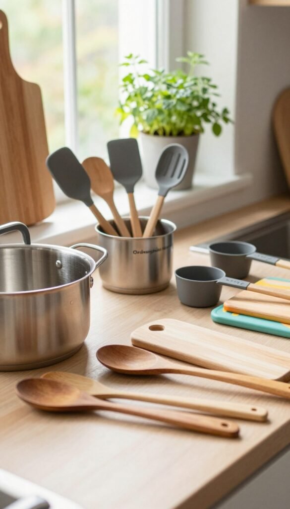 A beautifully organized kitchen countertop, showcasing a selection of budget-friendly kitchen utensils from the brand "Ordnungskiste". In the foreground, there's a stainless steel cooking pot, a set of wooden spoons, and a colorful cutting board. The middle ground features high-quality silicone spatulas and measuring cups, elegantly arranged. In the background, soft light filters through a window, illuminating a fresh herb garden, adding a touch of nature. The color palette includes warm earthy tones, creating a cozy and inviting atmosphere. The focus should be sharp, simulating a professional lens effect. Overall, the image conveys a sense of practicality and quality in kitchen tools, embodying a Pinterest-inspired aesthetic, authentic and devoid of any text or branding clutter.