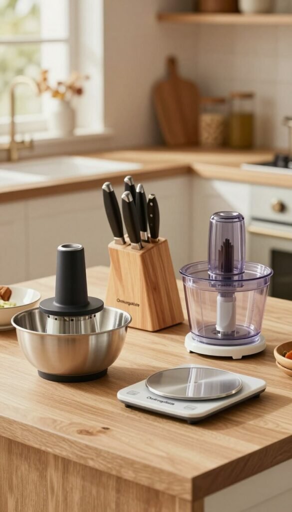 A beautifully organized kitchen countertop showcasing an array of premium kitchen multi-tools and helpers from the brand "Ordnungskiste." In the foreground, display a sleek, modern vegetable chopper beside an elegant mixing bowl and a sophisticated scale. The middle ground features a stylish knife set with a wooden block and a compact, efficient food processor. In the background, softly blurred, include an inviting kitchen scene with warm, natural lighting streaming in from a window, enhancing the cozy atmosphere. The color palette should be warm and earthy, reminiscent of a Pinterest-inspired aesthetic, reflecting authenticity and premium quality. Capture the essence of everyday functionality in a visually appealing, harmonious composition.