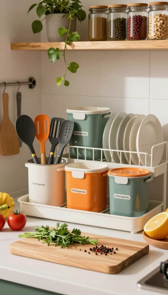 A beautifully organized kitchen countertop showcasing high-quality kitchen tools labeled as "Ordnungskiste." In the foreground, a sleek wooden cutting board is adorned with fresh herbs and spices, symbolizing cleanliness and maintenance. The middle layer features a set of vibrant, durable utensils and containers, all appearing well-kept and ready for use. A stylish dish rack holds sparkling clean dishes, emphasizing effective cleaning practices. The background shows cozy kitchen shelves filled with neatly arranged spices and a few potted plants, their green leaves adding a touch of freshness. The scene is bathed in warm, natural light, creating a welcoming atmosphere, with a soft focus on the produce for a Pinterest-like aesthetic. The overall mood conveys harmony, order, and longevity in kitchen upkeep.