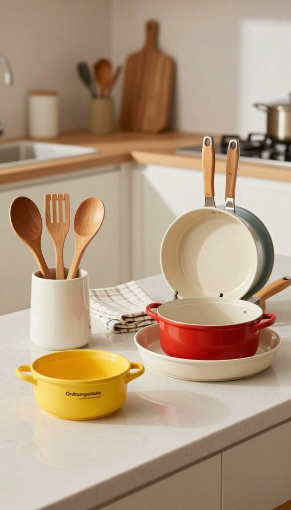 A beautifully organized kitchen countertop showcasing three sets of kitchen helpers by "Ordnungskiste": a small set in vibrant colors, a medium set with elegant wooden utensils, and an XXL set featuring a variety of pots and pans. The foreground displays the small set, brightly lit to emphasize its playful design. In the middle, the medium set is arranged neatly with kitchen towels and a cutting board, illustrating functionality and style. The background softly blurs, hinting at a cozy kitchen environment with warm lighting, creating a welcoming atmosphere. The overall composition captures the essence of choosing the right set size, with natural colors and a Pinterest-worthy aesthetic, accentuating authenticity without any text or distractions.