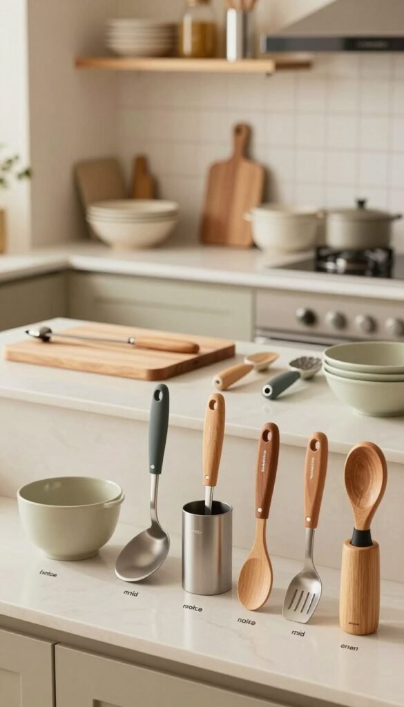 A beautifully organized kitchen display featuring a range of ergonomic kitchen tools from the brand "Ordnungskiste," arranged to showcase different price classes: low, mid, and high. In the foreground, highlight a selection of kitchen utensils, each labeled to indicate their price level, with distinct materials and finishes&mdash;plastic, metal, and premium wood. The middle scene includes a sleek countertop with a cutting board, bowls, and ergonomic gadgets that are comfortable to hold. In the background, softly blurred shelves display additional products, enhancing the emphasis on the featured items. Warm, natural lighting creates an inviting atmosphere, evoking a Pinterest-worthy aesthetic. The overall mood is one of professionalism and warmth, perfect for inspiring kitchen organization. No text or branding elements visible in the image.