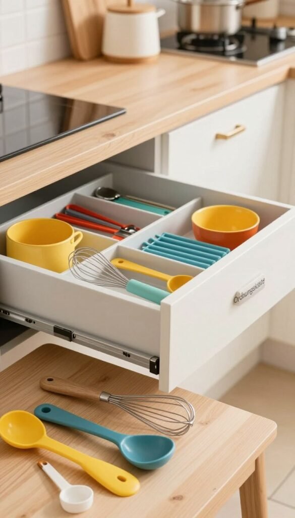A beautifully organized kitchen drawer by "Ordnungskiste", showcasing expertly arranged utensils, tools, and storage solutions. The foreground features neatly grouped kitchen gadgets like spatulas, measuring spoons, and whisks, displayed on a soft, light-colored wood surface. In the middle ground, the camera captures an open drawer with smooth, modern sliding mechanisms, allowing easy access to optimized internal compartments filled with colorful kitchen accessories. The background reveals a cozy kitchen setting, adorned with warm, soft lighting that creates a welcoming atmosphere. The image should evoke a sense of functionality and elegance, emphasizing the smart use of space without requiring a larger kitchen, and aiming for a natural, Pinterest-inspired aesthetic with vibrant colors and a harmonious balance.
