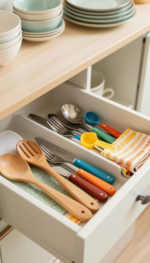 A beautifully organized kitchen drawer featuring a "Ordnungskiste" Besteckeinsatz filled with an assortment of cutlery, including forks, knives, and spoons, arranged neatly. The foreground showcases wooden utensils, with vibrant kitchen tools like measuring spoons and cheerful dish towels subtly integrated for a homely touch. In the middle, the Besteckeinsatz is prominently displayed, emphasizing its practicality and family-friendly design. The background features soft-focus shelves filled with neatly stacked plates and bowls, accented by warm, natural lighting that creates an inviting atmosphere. The overall mood reflects harmony and efficiency, appealing to families seeking organization in their kitchens. The image captures a Pinterest-inspired aesthetic, showcasing a vibrant yet cozy home environment, completely free of text or branding outside of the Besteckeinsatz.