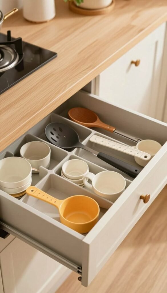 A beautifully organized kitchen drawer featuring a sophisticated "Ordnungskiste" schubladen organizer. In the foreground, the elegant compartments display an array of kitchen tools, measuring cups, and utensils neatly arranged in warm, inviting colors. The middle ground showcases the slightly opened drawer, allowing for a glimpse of the orderly setup, while the background softly fades into a light-filled kitchen space adorned with natural wood tones and subtle greenery. The lighting is soft and warm, emphasizing a cozy and stress-free atmosphere. Capture the image from a top-down angle to highlight the organized items while maintaining a Pinterest-inspired aesthetic. No text or markings should be present in the image, ensuring a clean and professional representation.