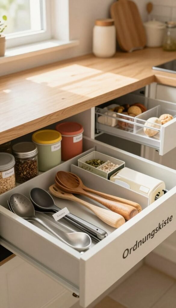 A beautifully organized kitchen drawer featuring an "Ordnungskiste" storage system. In the foreground, show neatly arranged utensils, spices, and kitchen tools, each section clearly defined with labels. The middle layer consists of kitchen cabinets with similar organization, showcasing colorful containers and clear bins, all meticulously arranged for easy access. In the background, soft natural light filters in through a nearby window, casting warm hues over the space, enhancing the inviting atmosphere. Use a wide-angle lens to capture the full effect of the orderly kitchen, with a cozy and modern aesthetic that evokes a sense of calm and stress-free cooking. Opt for a Pinterest-worthy look, ensuring authenticity without any text or overlays.
