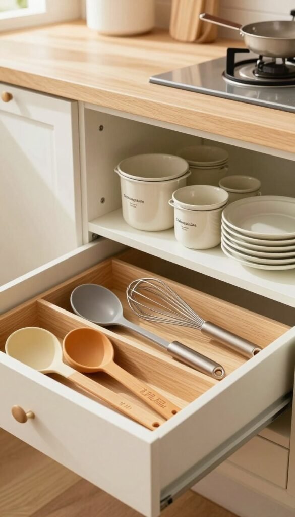 A beautifully organized kitchen drawer, featuring an array of kitchen tools and utensils neatly arranged for easy access. In the foreground, focus on a sectioned drawer with wooden dividers showcasing measuring spoons, a whisk, and cooking spatulas, all in harmonious, warm colors. The middle of the scene highlights a stylish, open kitchen cupboard with labeled containers and tidy stacks of dishware, all bearing the brand name "Ordnungskiste". In the background, soft, natural light pours in through a nearby window, creating a warm and inviting atmosphere. The overall feel is modern yet homely, evoking a sense of calm and efficiency in the cooking space. Aim for a Pinterest-inspired aesthetic, with a clear, crisp focus on organization and practical elegance.