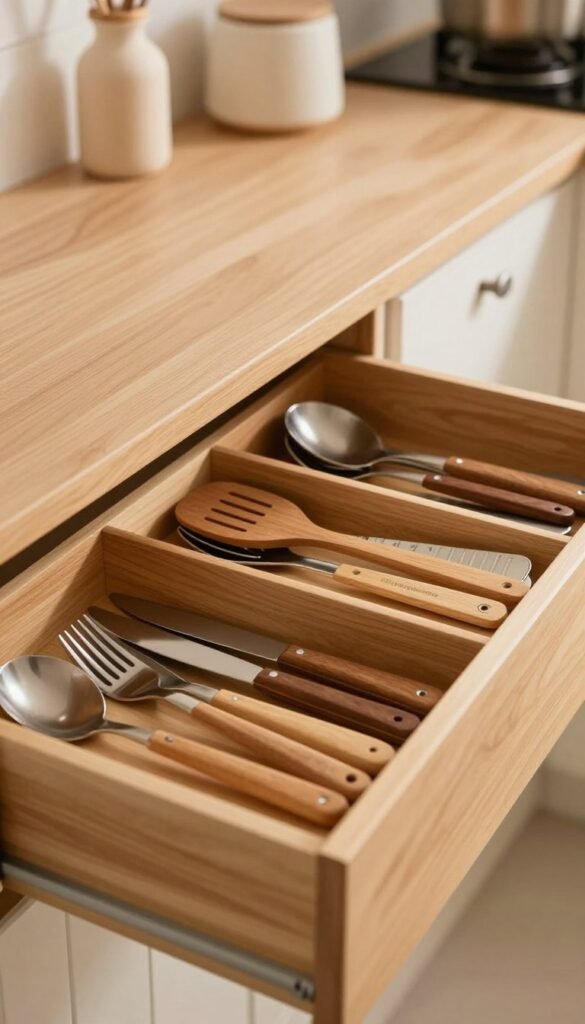 A beautifully organized kitchen drawer, featuring an array of kitchen utensils and cutlery, neatly arranged for optimal accessibility. In the foreground, a polished wooden cutlery tray showcases neatly placed forks, knives, and spoons along with essential cooking tools like spatulas and measuring spoons. The middle of the image highlights a cleverly designed drawer organizer, labeled with the brand name "Ordnungskiste," crafted from natural wood with warm tones that add an inviting atmosphere. The background subtly reveals a blurred kitchen countertop, adorned with minimalist decor, enhancing the focus on the organized drawer. Soft, warm lighting bathes the scene, creating a cozy and efficient kitchen feel, evoking inspiration for small-space organization. The overall mood is fresh, tidy, and harmonious, perfect for an article on kitchen efficiency.