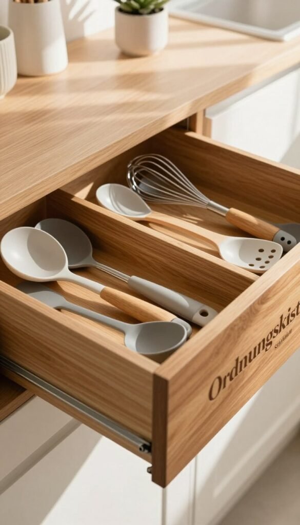 A beautifully organized kitchen drawer featuring the "Ordnungskiste" schubladen organizer, showcasing a variety of kitchen utensils like spatulas, whisks, and measuring spoons neatly arranged within. The foreground displays the drawer partially open, revealing the rich, warm wooden texture of the organizer contrasted with the sleek, modern utensils. In the middle, soft natural light filters through a nearby window, creating gentle shadows and enhancing the cozy atmosphere of a well-kept kitchen. The background hints at minimalist decor, such as subtle plants or kitchen tools, evoking a Pinterest-inspired aesthetic. Capture the scene from a slightly angled top-down perspective to highlight organization and functionality. The overall mood is serene and inviting, perfect for depicting the beauty of an orderly kitchen space.
