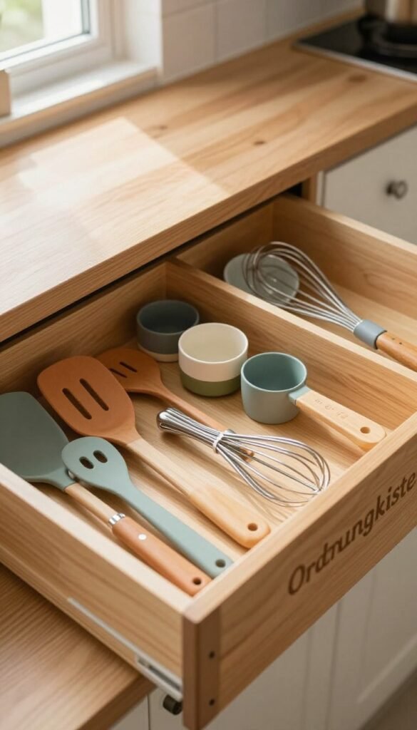 A beautifully organized kitchen drawer featuring the "Ordnungskiste" storage system. In the foreground, a neatly arranged section shows various kitchen utensils, such as spatulas, measuring cups, and whisks, all color-coordinated and easily accessible. The middle layer showcases the drawer itself, with smooth wooden surfaces and dividers creating a sense of order. In the background, soft natural light filters in through the kitchen window, illuminating the warm wood tones and creating a cozy atmosphere. The scene is captured from a top-down angle, emphasizing the organized layout and functionality of the drawer system. The overall mood is calm and inviting, reflecting a Pinterest-worthy kitchen organization aesthetic.