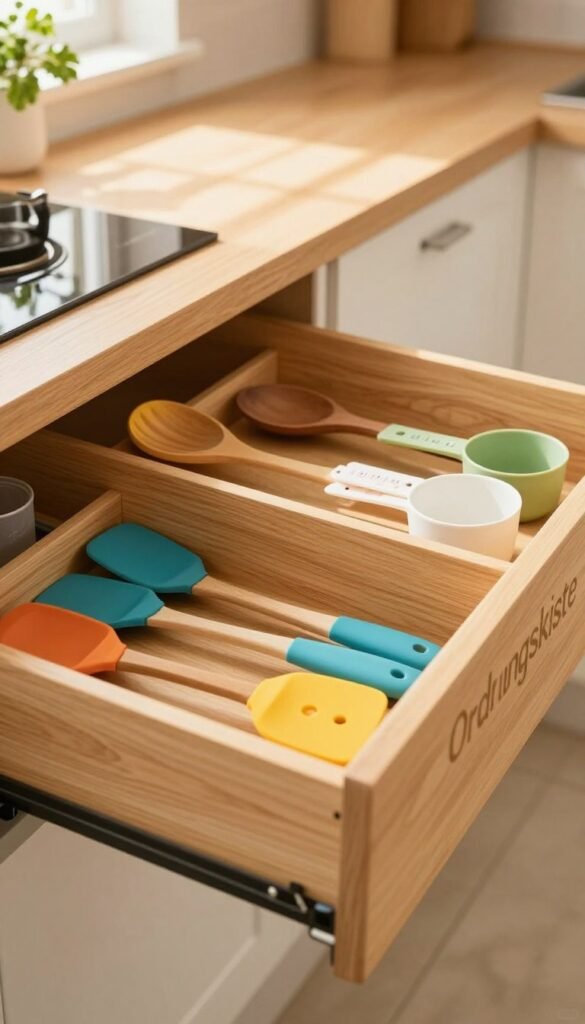 A beautifully organized kitchen drawer featuring the "Ordnungskiste" system, showcasing each compartment filled with various utensils and kitchen tools. In the foreground, the drawer is partially open, revealing bright, colorful silicone spatulas, wooden spoons, and neatly arranged measuring cups. In the middle, a well-crafted wooden drawer organizer enhances the aesthetic, with natural textures and warm tones creating an inviting atmosphere. The background displays a softly lit kitchen with warm, ambient lighting illuminating the sleek cabinetry and a glimpse of fresh herbs on a windowsill, evoking a peaceful, clutter-free environment. The overall mood is cheerful and organized, ideal for a family kitchen, with no text or additional clutter present in the image.