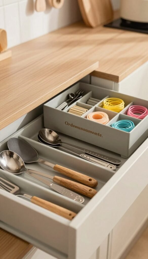 A beautifully organized kitchen drawer showcased in a cozy, warmly lit environment, highlighting the concept of "schubladen ordnung." In the foreground, neatly arranged cutlery in elegant compartments, with spatulas, measuring spoons, and miscellaneous kitchen tools artfully organized. The middle section features a stylish "Ordnungskiste" box, containing smaller items like rubber bands and twist ties, each categorized for easy access. In the background, soft shadows from kitchen utensils and a hint of a countertop can be seen, enhancing the overall warmth. Use natural lighting to create a Pinterest-inspired look with inviting tones. The atmosphere should exude a sense of calm and efficiency, reflecting the importance of organization in the kitchen. No text or watermarks present in the image.